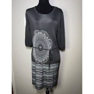 Boho Mandala Print Dress Black White 3/4 Sleeve Belted Casual Size Small